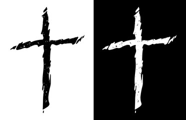 Old rugged distressed christian cross in both black and white isolated isolated vector illustration