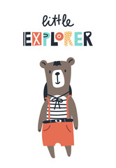 Wall Mural - Little explorer - Cute kids hand drawn nursery poster with bear animal and lettering.