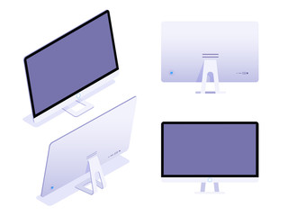 The set of monitors in an isometric, front and back view isolated on white background. Vector flat isometric illustration