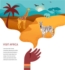 Wall Mural - Africa banner, vector illustration of Safari, animals, tribal symbols