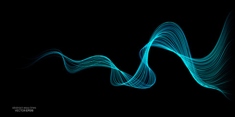 Wall Mural - Abstract vector wave lines flowing blue green isolated on black background. in concept of AI technology, science, neural.