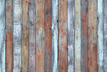 Wooden Wall Texture, Old Painted Multicolored Wood Boards. Weathered Panels With Nails And Knots For Background, Colorful Planks