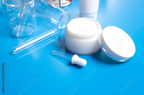 Download Science And Treatment Cream Lotion Aromatic Beauty Cosmetic Skincare With Test Tube And Mockup Product On Blue Table White Background Top View Close Up Stock Photo Adobe Stock