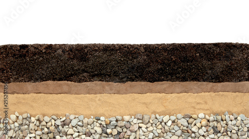 Cuadros en Lienzo Soil layers: humus, clay, sand and stones isolated on white background
