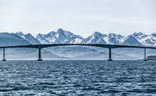 Sortland bridge, northern Norway, Vesteralen mountain chain in the background