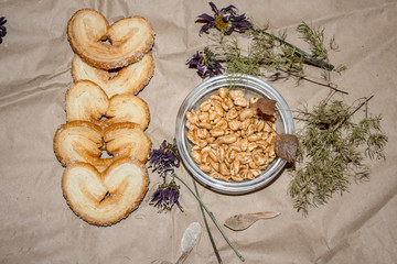 airy rice and cookies on a brown background