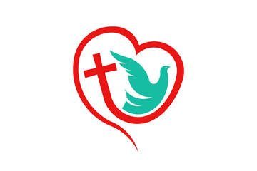 Cross Heart with Dove. Religion Logo illustration