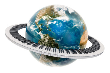 Earth Globe with piano keyboard around, music concept. 3D rendering