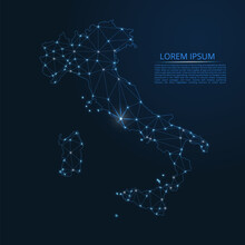 Italian Republic Communication Network Map. Vector Low Poly Image Of A Global Map With Lights In The Form Of Cities In Italy Population Density Consisting Of Points And Shapes In The Form Of Stars.