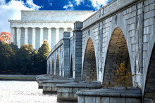 The Lincoln Memorial And The Arlington Memorial Bridge Stretching Over The Potomac River Into Washington DC From The Mount Vernon Trail