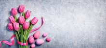 Easter - Tulips Bouquet And Eggs On Gray Background