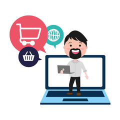 Wall Mural - businessman using laptop with ecommerce icons