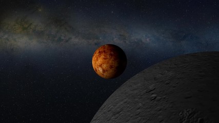 Wall Mural - Fantasy view of orbiting moon around planet in milky way galaxy. Contains public domain image by Nasa