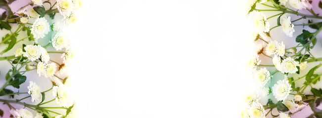 Wall Mural - A collage of bouquets of flowers on a white background. Panorama of flowers on a white background for design. Wide format for writing text.