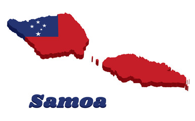 3d map outline and flag of samoa, a red field with the blue rectangle and white star.