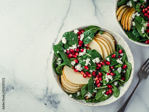 Fresh Salad With Baby Spinach Pear Pomegranate And Cottage