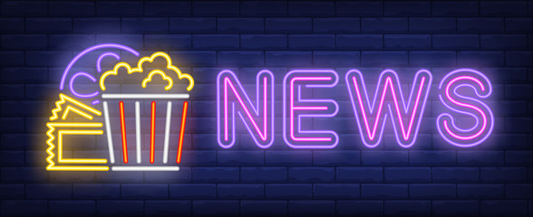 Wall Mural - News neon text with popcorn, film reel and tickets