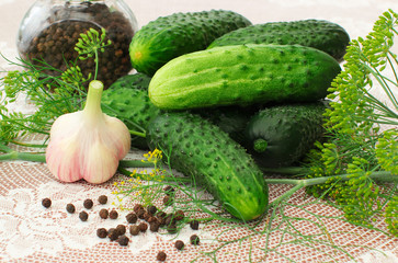 Fresh cucumbers, garlic, black peas and dill