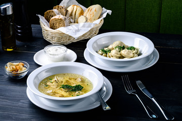 Canvas Print - noodle soup on a table in a restaurant, menu for a cafe