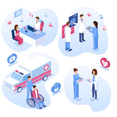 Medical staff set. Male and female doctors, nurses and patient concepts. Ambulance care, wheelchair, consultation and meeting. Vector illustration. 