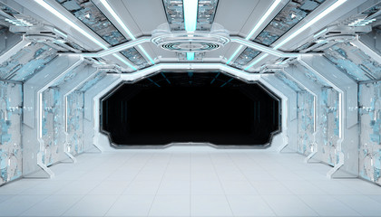 Aufkleber - White blue spaceship futuristic interior mockup with window view 3d rendering