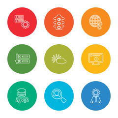 Poster - outline stroke intelligence, search, database, cookies, cloud, backup, link, traffic light, database, vector line icons set on rounded colorful shapes