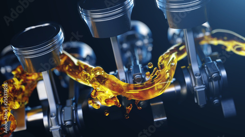 Cuadros en Lienzo 3d illustration of car engine with lubricant oil on repairing