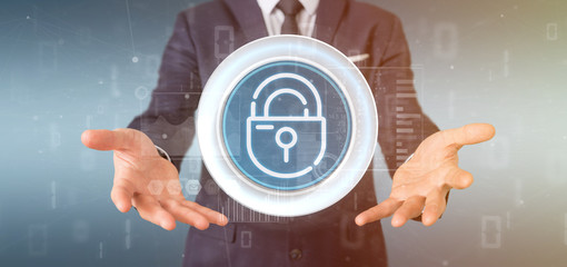 businessman holding security padlock wheel icon with stats and binary code 3d rendering