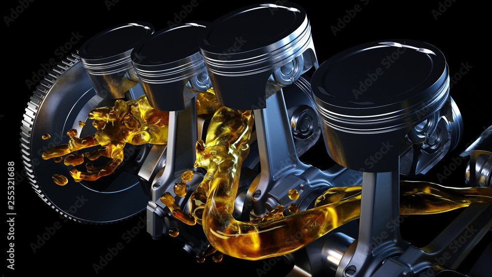 3d illustration of car engine with lubricant oil on repairing. Concept of lubricate motor oil - obrazy, fototapety, plakaty 