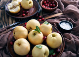 Fototapeta Kuchnia - Pickled apples served on an earthenware plates