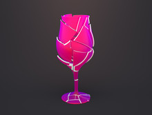 Abstract Pink Broken Wineglass With Shards On Dark Background. 3d Rendering.