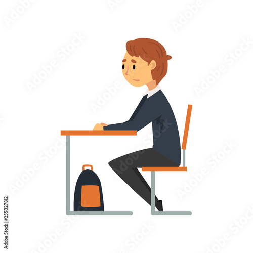 Clever Student Sitting At Desk In Classroom Side View Schoolboy