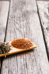 Wall Mural - tea crops on bambbo serving tray on old rusty wooden table