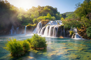 panoramic landscape of krka waterfalls on the krka river in krka national park in croatia.