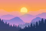 Fototapeta Na ścianę - PrinIllustration of the landscape. Sunset in the mountains.
