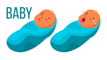 Baby Vector. Asleep, Crying Isolated Flat Cartoon Illustration