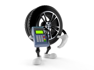 Wall Mural - Car wheel character holding credit card reader