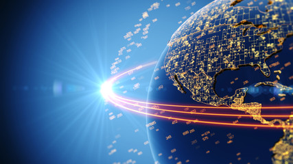 Connection lines Around Earth Globe, Blockchain network concept. Futuristic Technology Theme Background with Light Effect. 3D Rendering