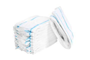 Stack of adult diapers isolated on white background. Health care for people with urinary incontinence