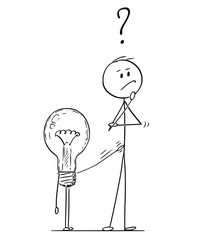 Wall Mural - Cartoon stick figure drawing conceptual illustration of man or businessman thinking about problem or strategy. Lightbulb or light bulb is tapping on him to offer solution.