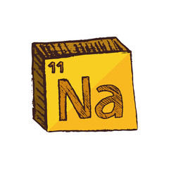 Vector three-dimensional hand drawn chemical yellow symbol of sodium or natrium with an abbreviation Na from the periodic table of the elements isolated on a white background.