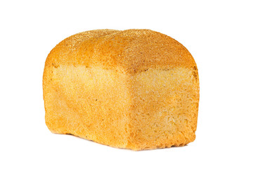 A traditional  square loaf of bread is isolated on a white background. bread isolated on a white background. square loaf of bread with two pieces cut off on a white background. 