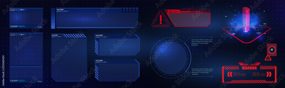 HUD UI GUI  futuristic user interface screen elements set. High tech screen for video game. Sci-fi concept design. Vector illustration - obrazy, fototapety, plakaty 