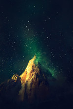 Image Of A Mountain At Night With Elements Of Green Glow On The Background Of The Starry Sky