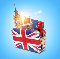 Wall Mural - Trip to London, Great Britain.Vintage suiitcase with symbols of UK London, Big Ben tower and red booth. Travel and tourism concept.