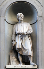 Canvas Print - Donatello, statue in the Niches of the Uffizi Colonnade. The first half of the 19th Century they were occupied by 28 statues of famous people in Florence, Italy