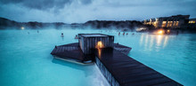 Reykjavik, Iceland - July 4, 2018: Beautiful Geothermal Spa Pool In Blue Lagoon In Reykjavik. The Blue Lagoon Geothermal Spa Is One Of The Most Visited Attractions In Iceland.