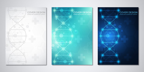 Vector template for cover or brochure, with molecules background and DNA strand. Medical or scientific and technological concept.