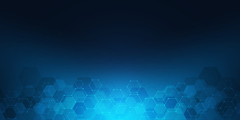 Abstract background of science and innovation technology. Technical background with hexagons pattern and molecular structures.