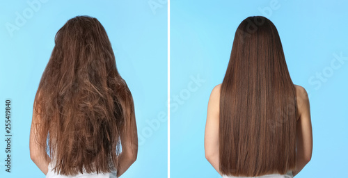 Cuadros en Lienzo Woman before and after hair treatment on color background